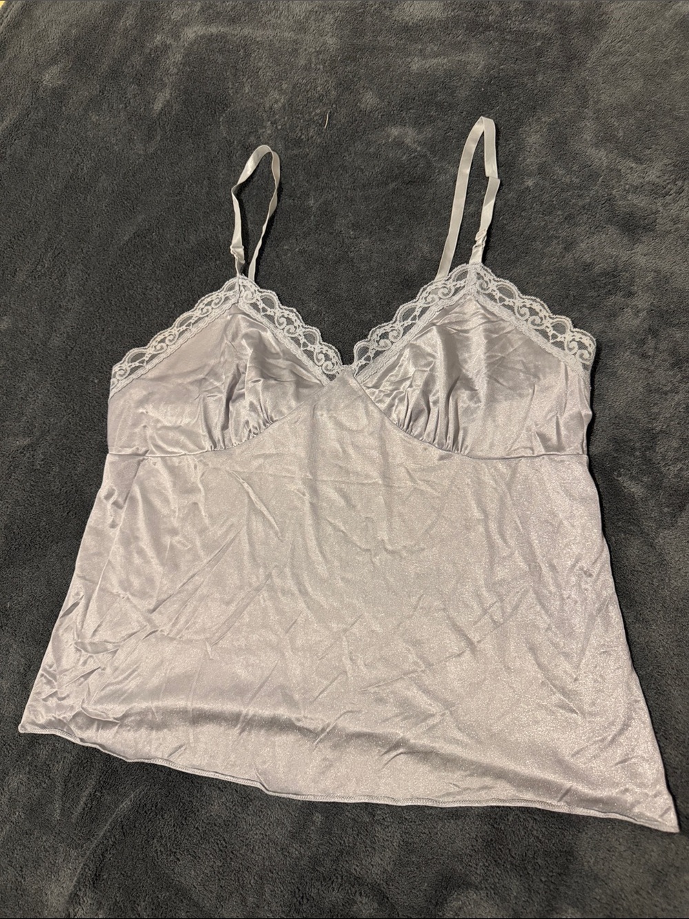 Lace Trim Satin Cami Top in Light Silver